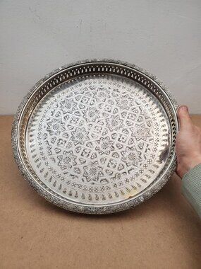 Authentic Moroccan Handmade Serving Tea Tray 14.5 Inch round , Brass silver